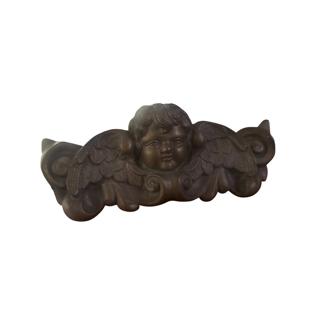 Vintage Bronzed Brass Wing Cherub Plaque Ornate‎ Angel Head India 10"x4" Patina